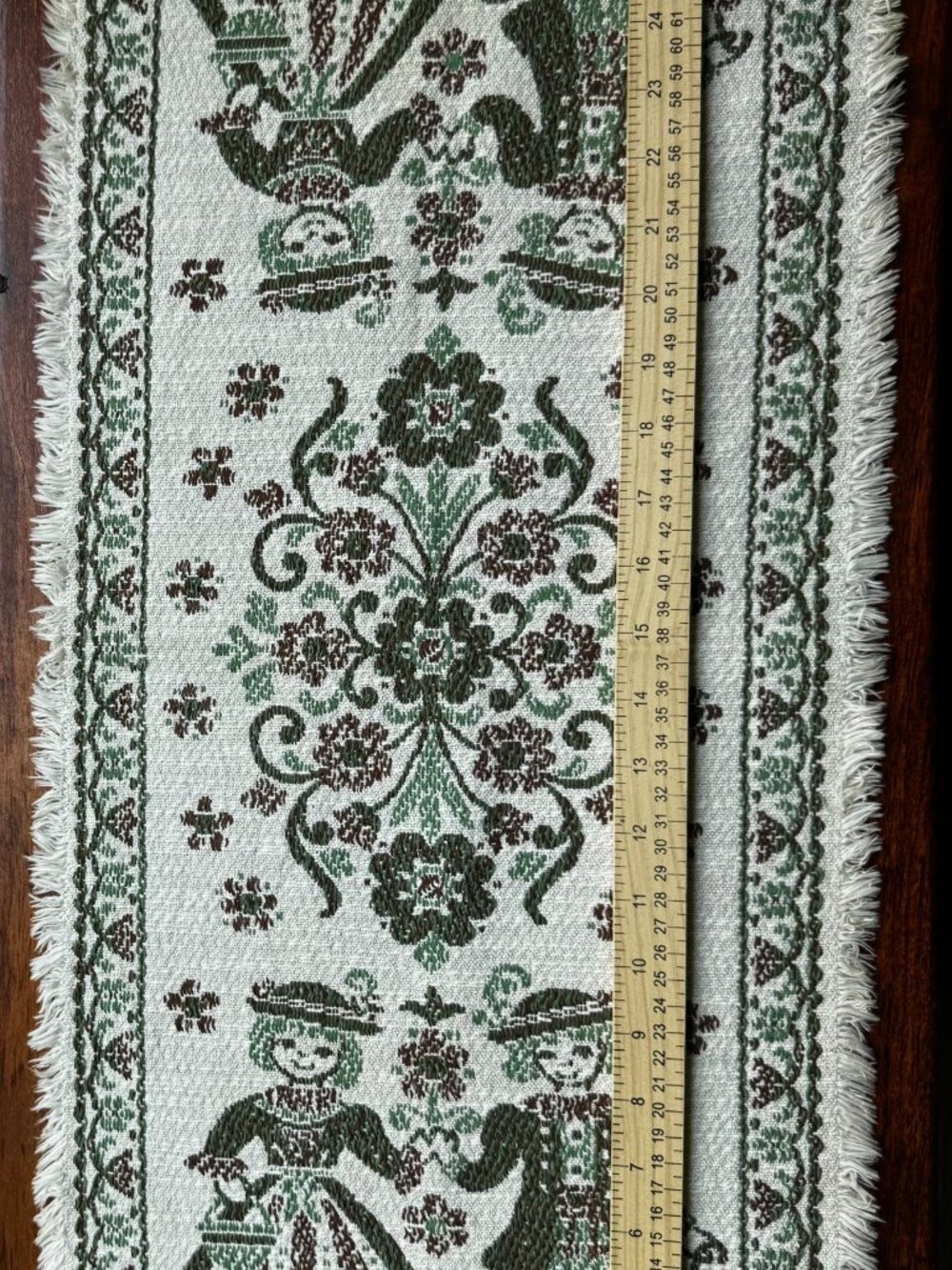 Vintage Austrian Alpine Folk Art Table Runner Cotton Linen 12x29 Green Fringe - Picture 5 of 6